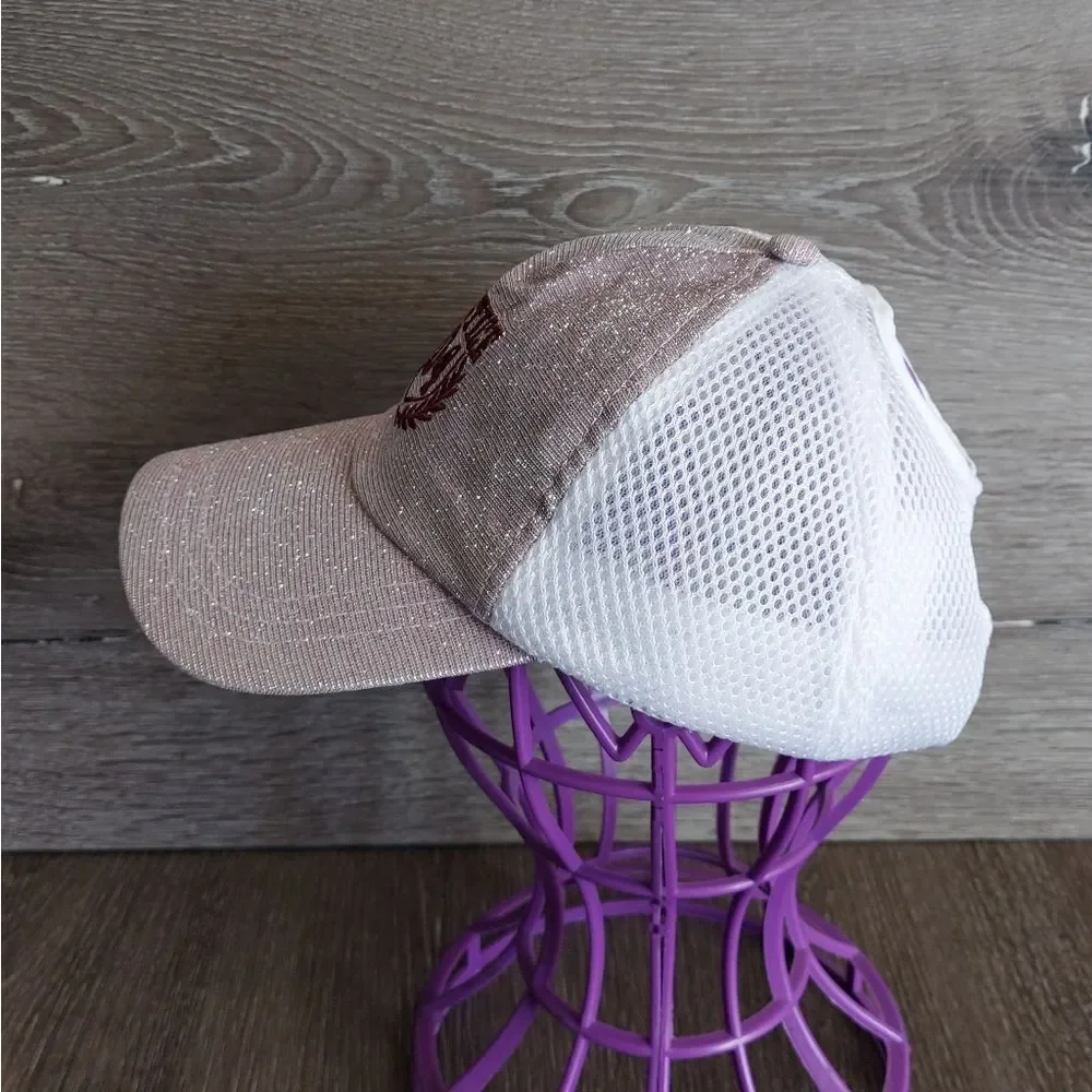 Justice Pink Shimmering Sparkly Iridescent Pony Tail Ball Cap Hat OSFM
